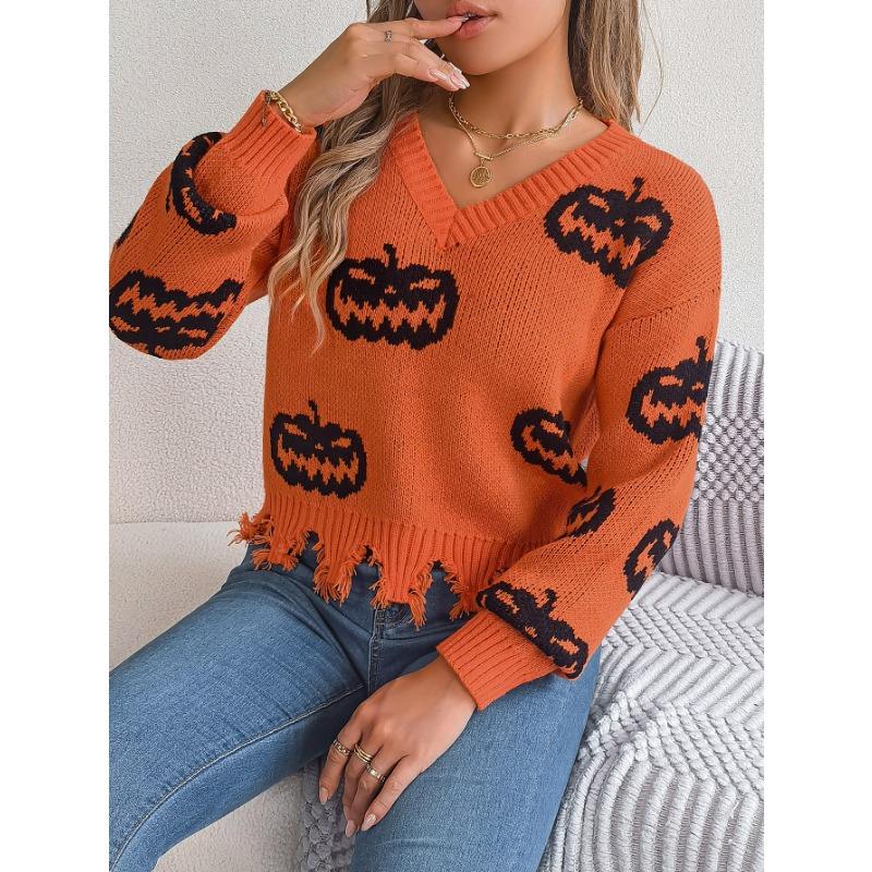 

Autumn and Winter Halloween Color-blocking Pumpkin Long-sleeved Pullover Sweater Women s Clothing S