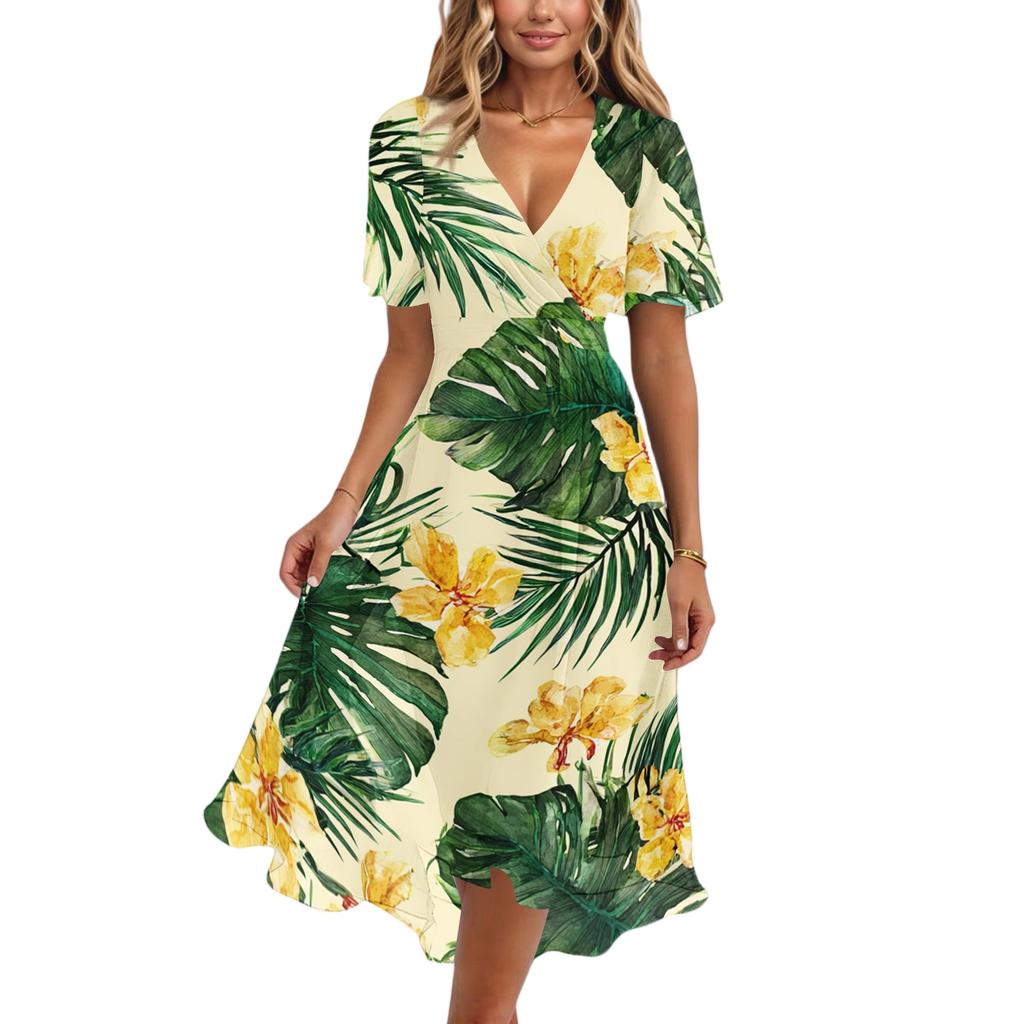 Women V Neck Short Sleeve Casual Dress Hawaiian Print Midi Length Summer Beach Dress with Flowing Skirt
