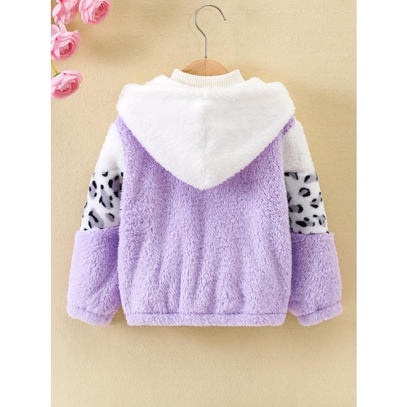 Cozy & Cute Girls' Leopard Print and Pink Fleece-Lined Zip-Up Hoodie Jacket - Warm, Thick Polyester Blend for Autumn/Winter, Long Sleeves,Casual Style