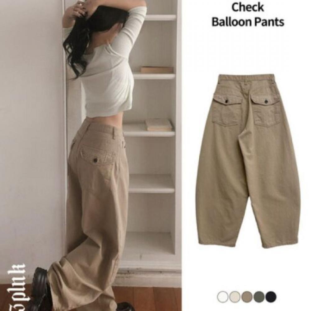 The Pink Women High Waist Check Pocket Wide Balloon Pants