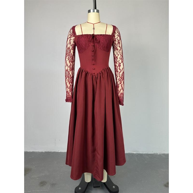 Damenkleid Frühling und Herbst Temperament Quadratischer Ausschnitt Spitze Langärmlig Tailliert Einfarbig Midilänge Kleider