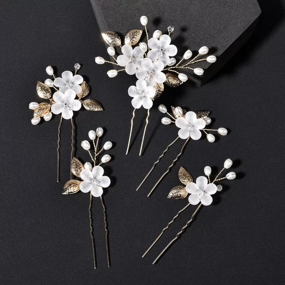

5pcs/set New Flower Pearl Bridal Hair Accessories Frosted Handmade Bridal Hairpin Set Chinese Style Retro Hair Fork золотой