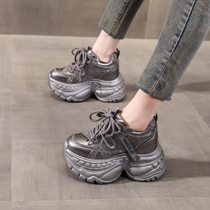HS6798-51 Women's Rhinestone Platform Dad Shoes - Fall Trend, Hidden Heel, Thick-Soled, Super Soft Casual Sneakers.