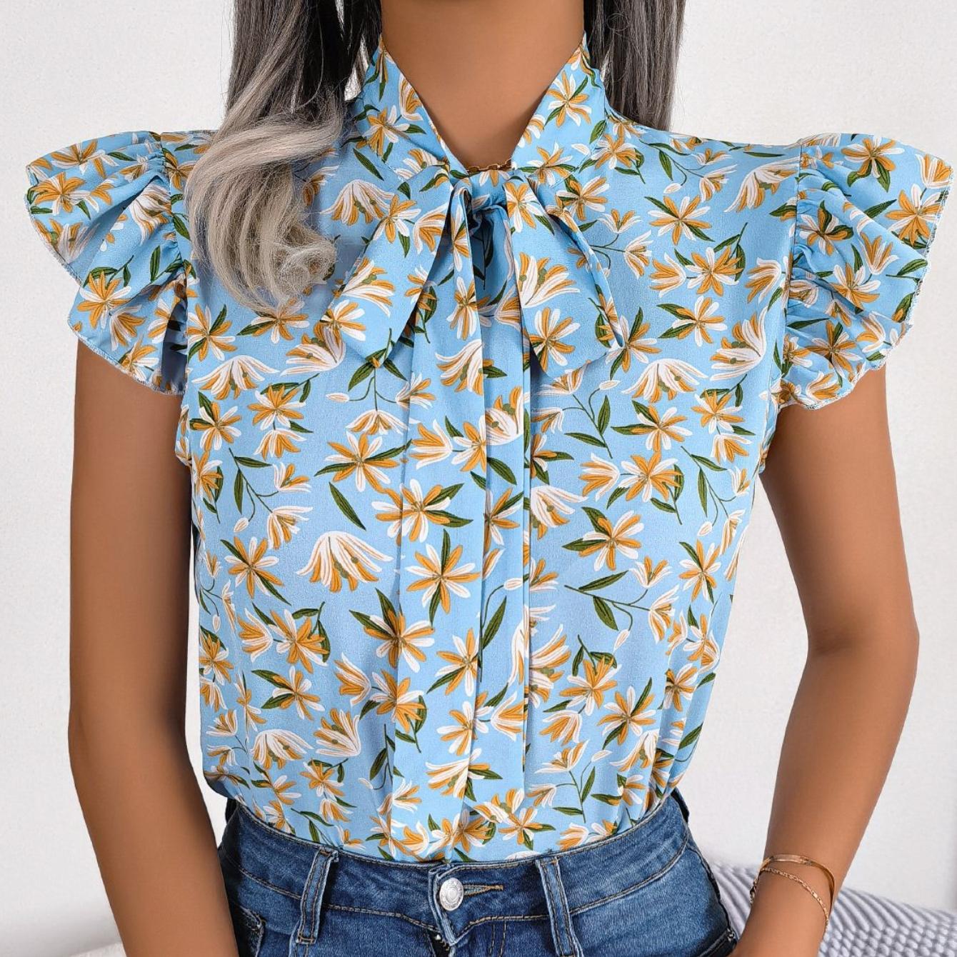 

GMXIA женские модные повседневные летние блузки без рукавов с v-образным вырезом с цветочным принтом и шифоновые рубашки с бантом и деревянной отделкой ушей XL baby голубой