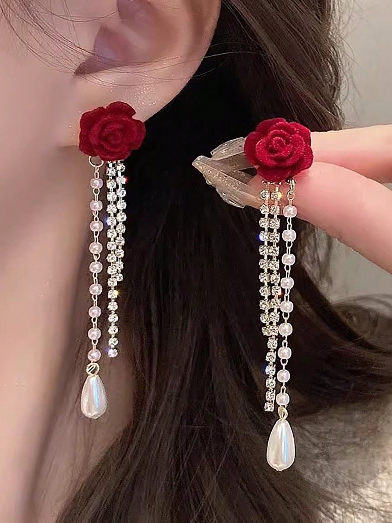 

1 пара элегантных бордовых флокированных серег-подвесок с цветком и жемчугом, французские винтажные серьги-подвески с цепочкой в виде сердца и розы для женщин на День святого Валентина