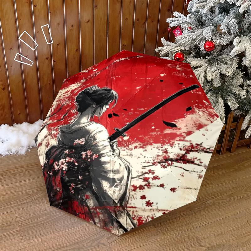 1PC Samurai Sunset Blossoms Automatic Umbrella - Suitable Travel Outdoor Portable Umbrella Birthday Gift Daily Essentials