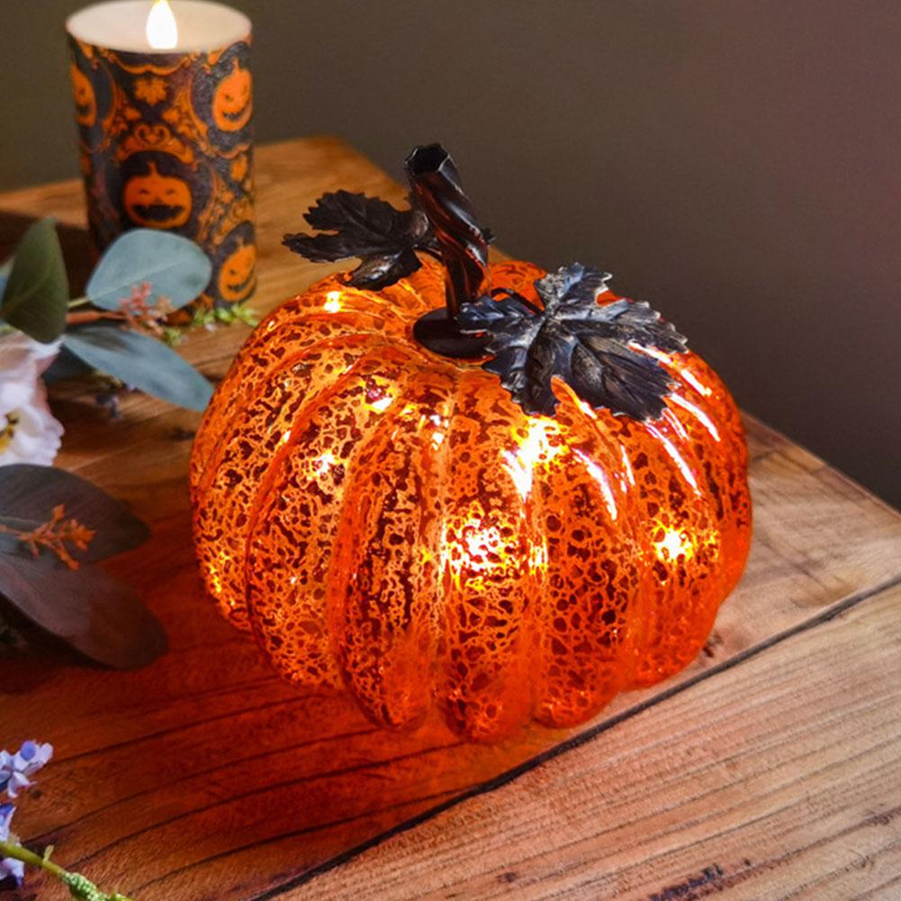 Halloween Artificial Glass Pumpkin with LED Lights Glass Decoration Halloween LED Lights Lamp Festive Atmosphere Decorations
