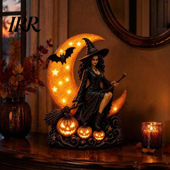 Resin Gothic Home Decor Halloween Witch Lamp, Crescent Moon LED Night Light, Collectible Sculpture Spooky Decorative Table Lamp for Bedroom Bookshelf