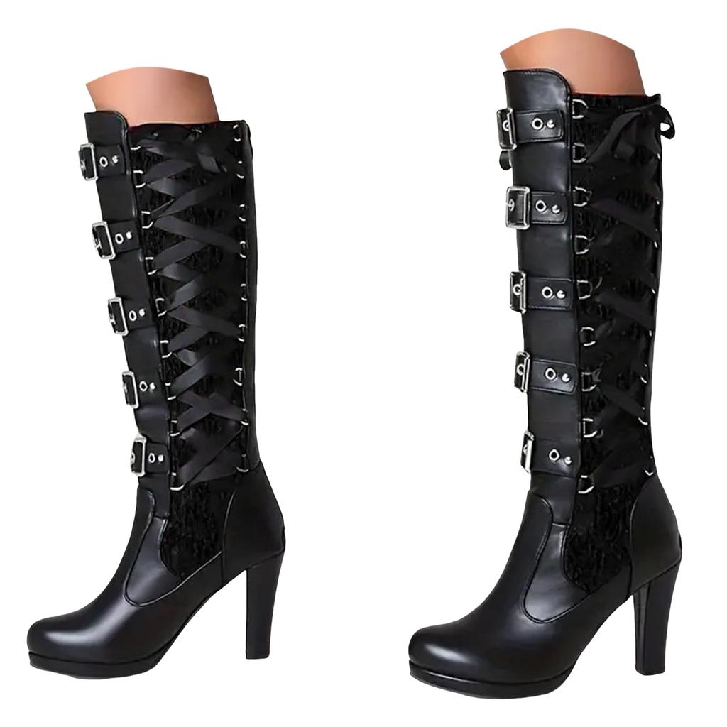 Long Thigh High Boots For Women Women'S Winter Vintage Knee High Boots Chunky High Heel Lace Up Boots Halloween Zapatos De Mujer