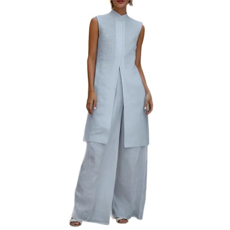 2026 Womens Linen Cotton Sleeveless Vest Top Wide Leg Pants Set Casual Elegant Outfit