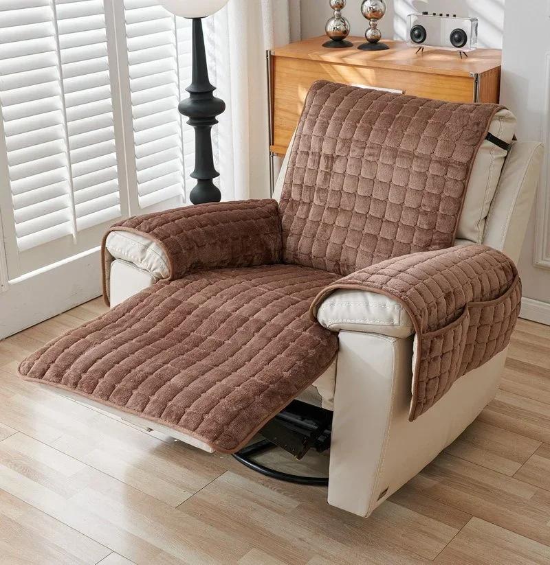 1 Seat Thick Flannel Recliner Sofa Cover Non-Slip Armchair Cover Plaid Soft Single Sofa Case Chair Slipcover for Living Room