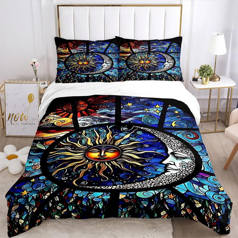 3pcs Anime Cartoon Design Stained Glass Window Panel, Includes One Quilt Cover and Two Pillowcases (No Core), Festive Gift