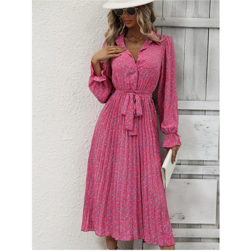 Spring and Autumn Women's Dress Fashion Tie Pleated Long Sleeve Swing Dress