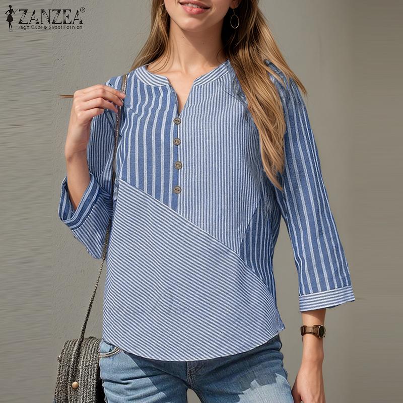 ZANZEA Women Casual V-Neck 3/4 Sleeve Loose Stripe Blouse