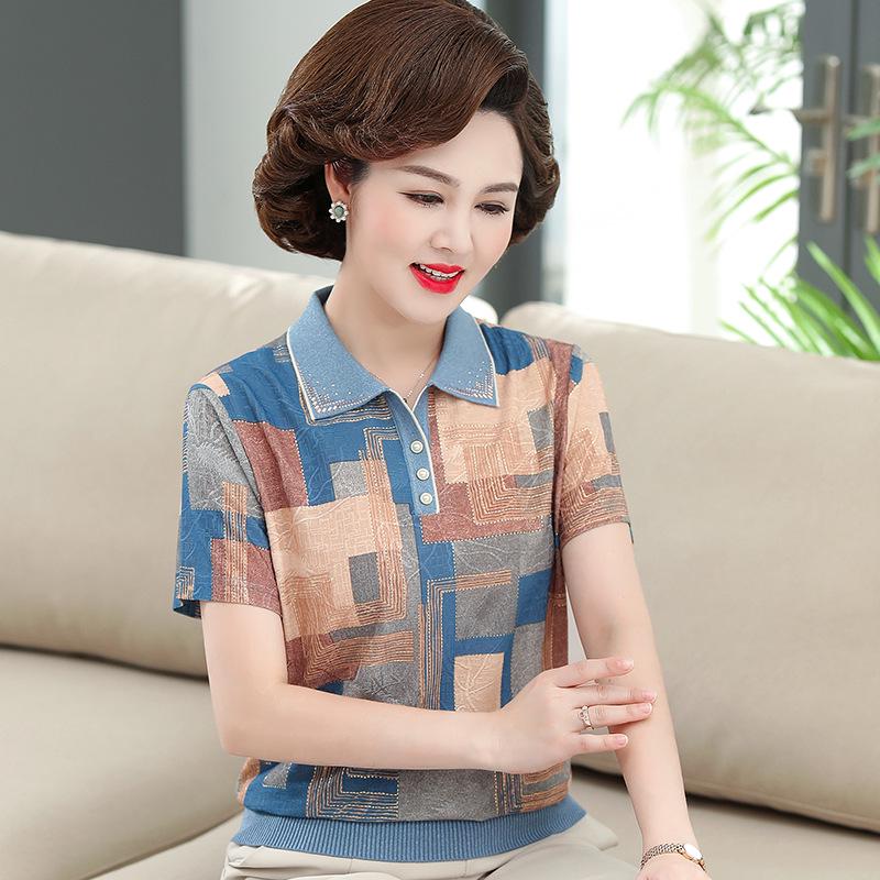 

Mom s Stylish Chiffon Ice Silk Blouse - Short Sleeve Summer Top for Women Aged 40-50 2XL (110-120 lbs) синий