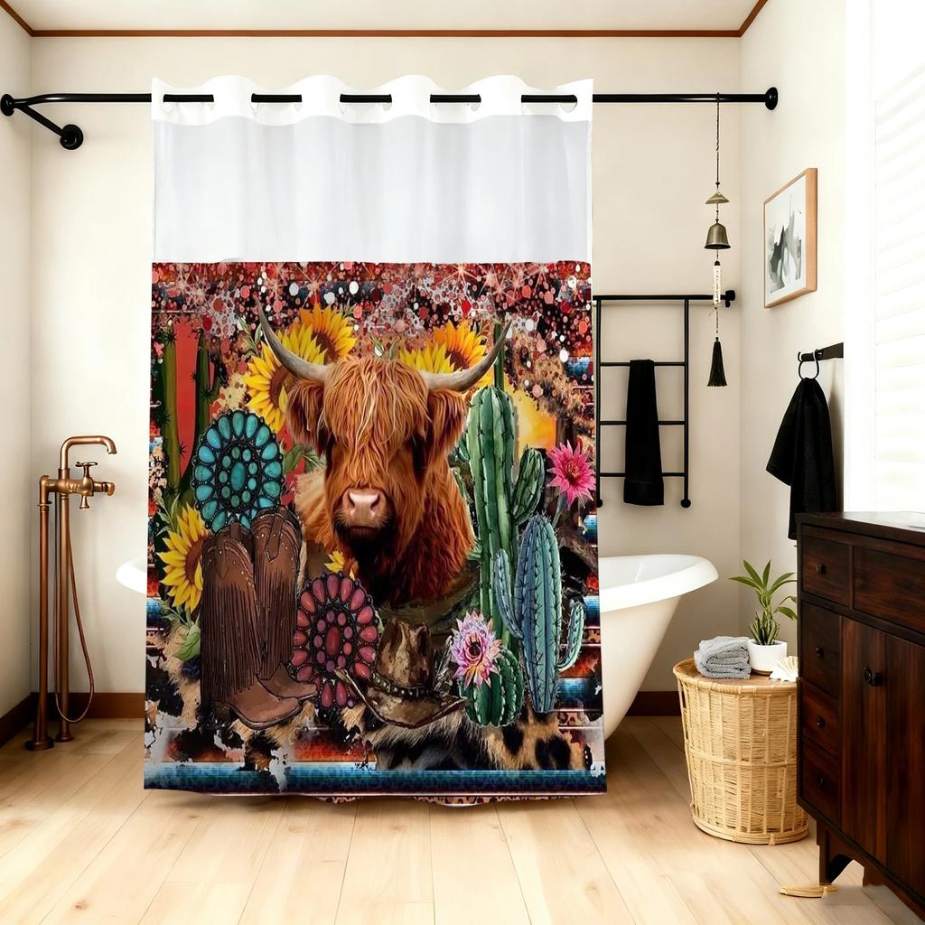 No Hook Bull Sunflowe pattern Shower Curtain With Snap-in Fabric Liner Sheer Top Window, Waterproof Double Layer Bathtub curta