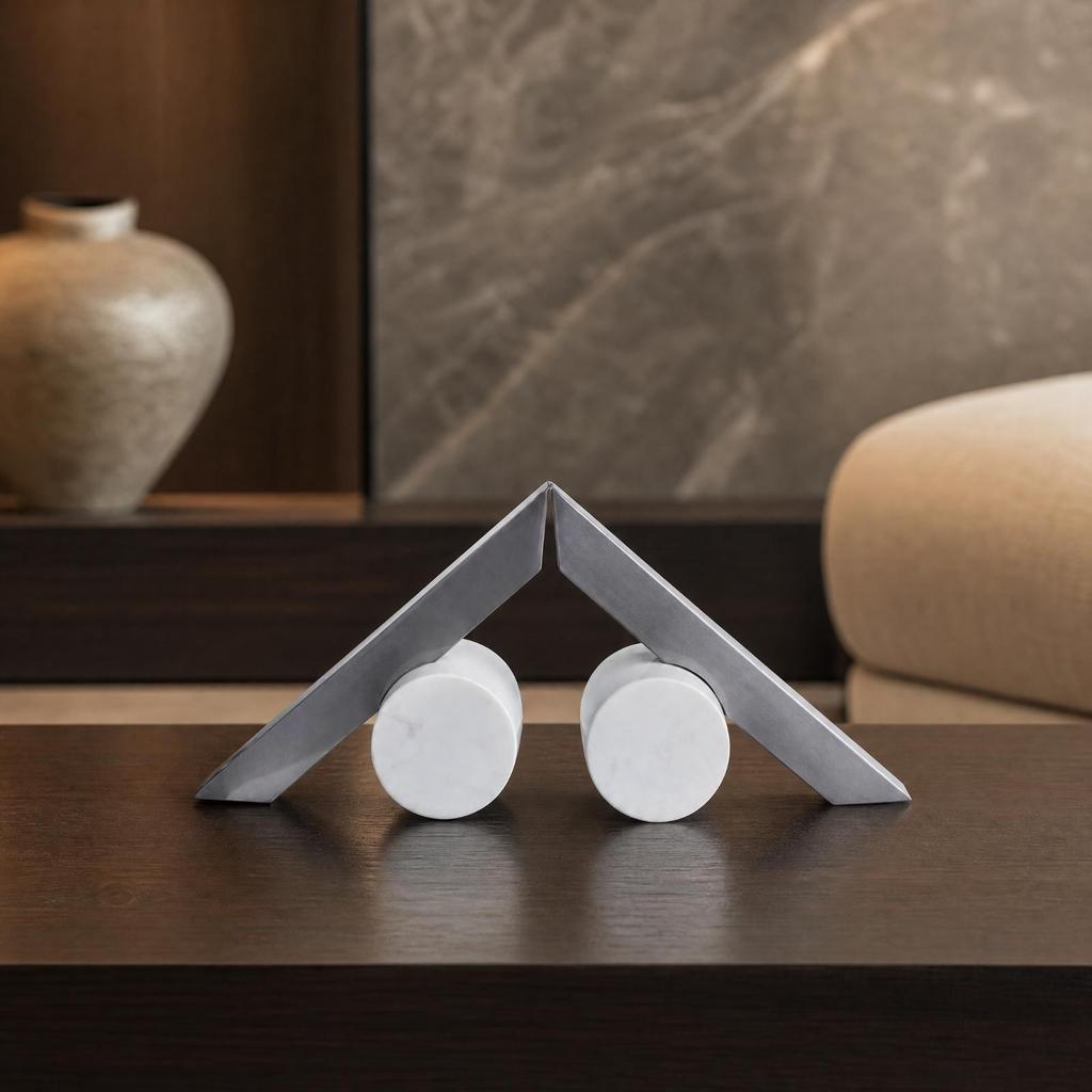 Abstract Geometric Sculptural Ornament Versatile Stone and Metal Tabletop Decor