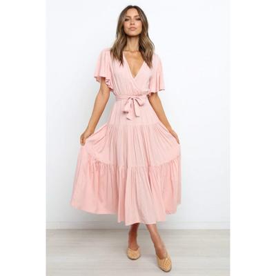 Women's Fashion Summer Spring Solid Color Print Short Sleeve V-Neck High Waist Casual Dresses