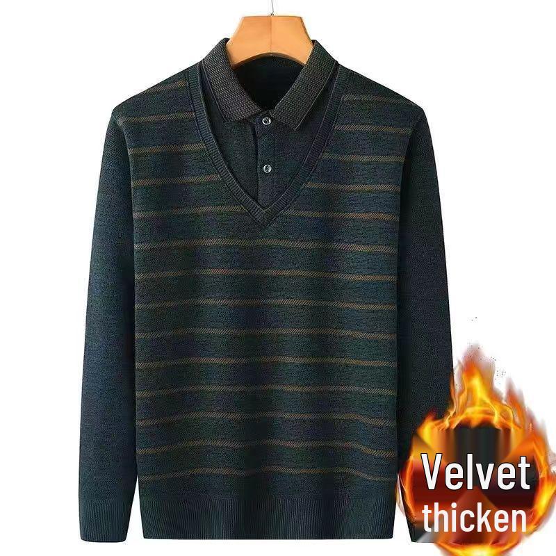 Men's Mid-Age & Senior Plus Velvet Thick Sweater - New Faux Two-Piece Winter Top
