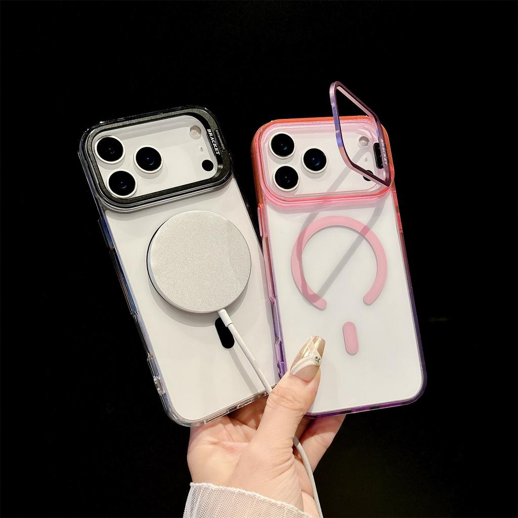 Colorful Camera Bracket Transparent Magnetic Phone Case for iPhone 17 16 15 14 13 12 Pro Max Plus Air Double tone Color Cover