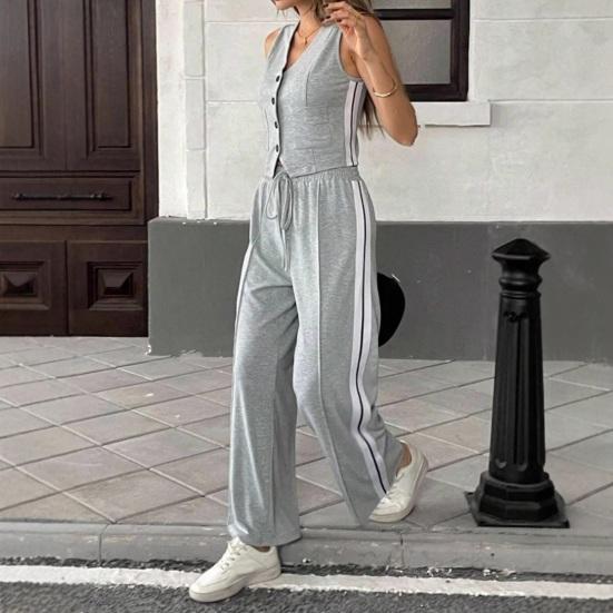 Women's 2 Piece Outfits V Neck Button Down Vest Top Wide Leg Pants Tracksuit Summer