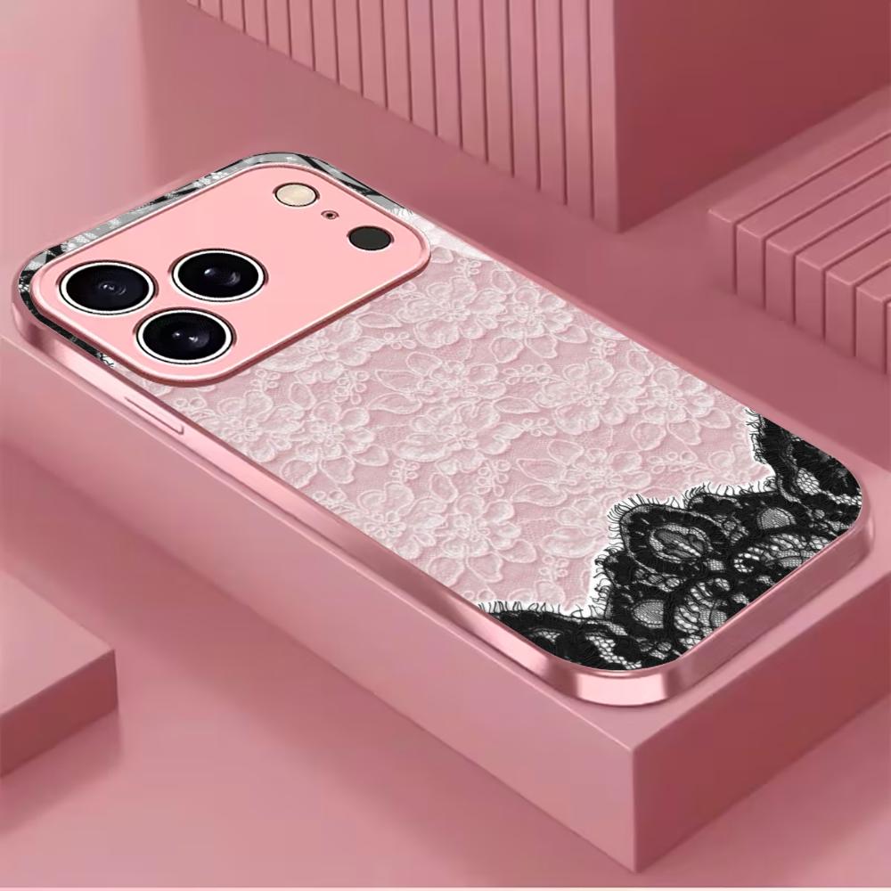 Classic Pink & Black Lace phone case for iphone 17 case for iphone 17 pro max cover Glass for iPhone 17 16 15 14 13 12pm Pro P