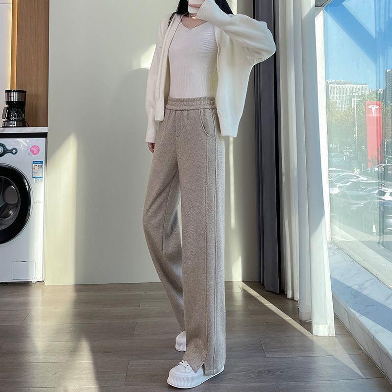 

Women s Herringbone Wool Split Straight Wide-Leg Pants - 2026 Spring/Autumn, Plus Velvet, Casual Trendy Style M: 96-110 lbs