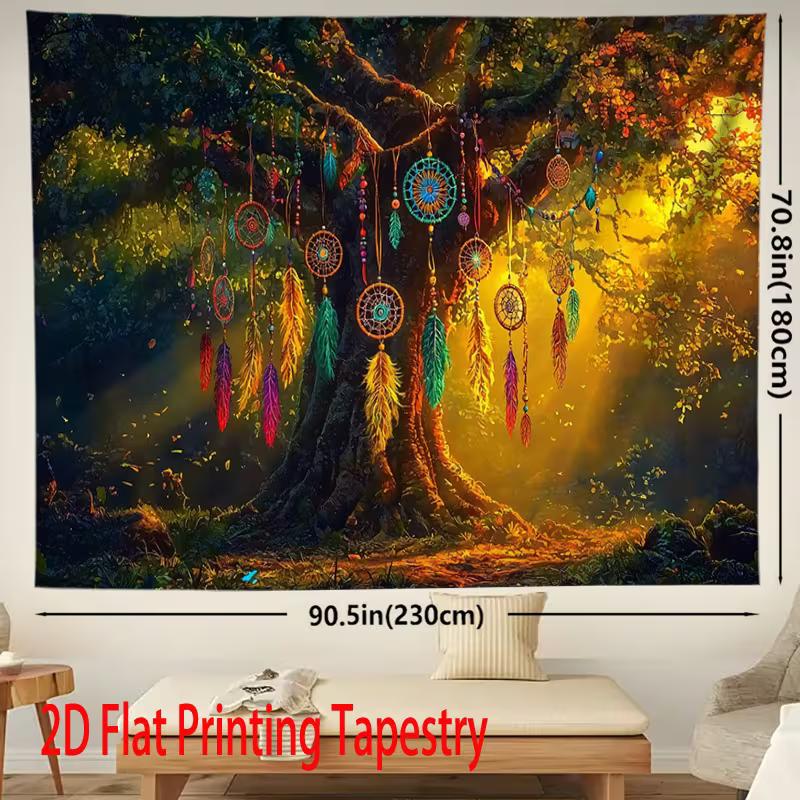Spiritual Bohemian Tapestry Depicting a Life Tree with Colorful Dreamcatchers and Sunlight 47.2x31.5inch/120*80cm