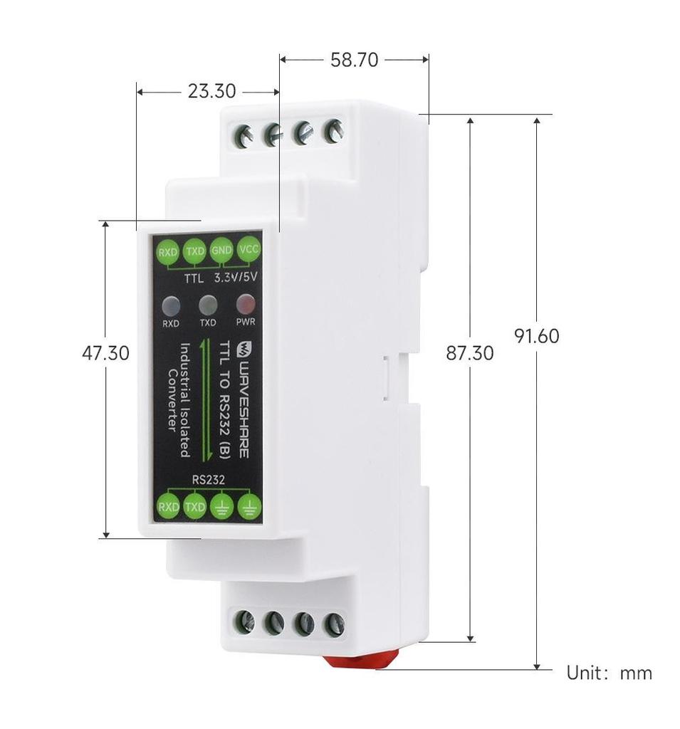 Rail-Mount TTL to RS232 Module with Electrical Isolation and Multi-Level Surge Protection