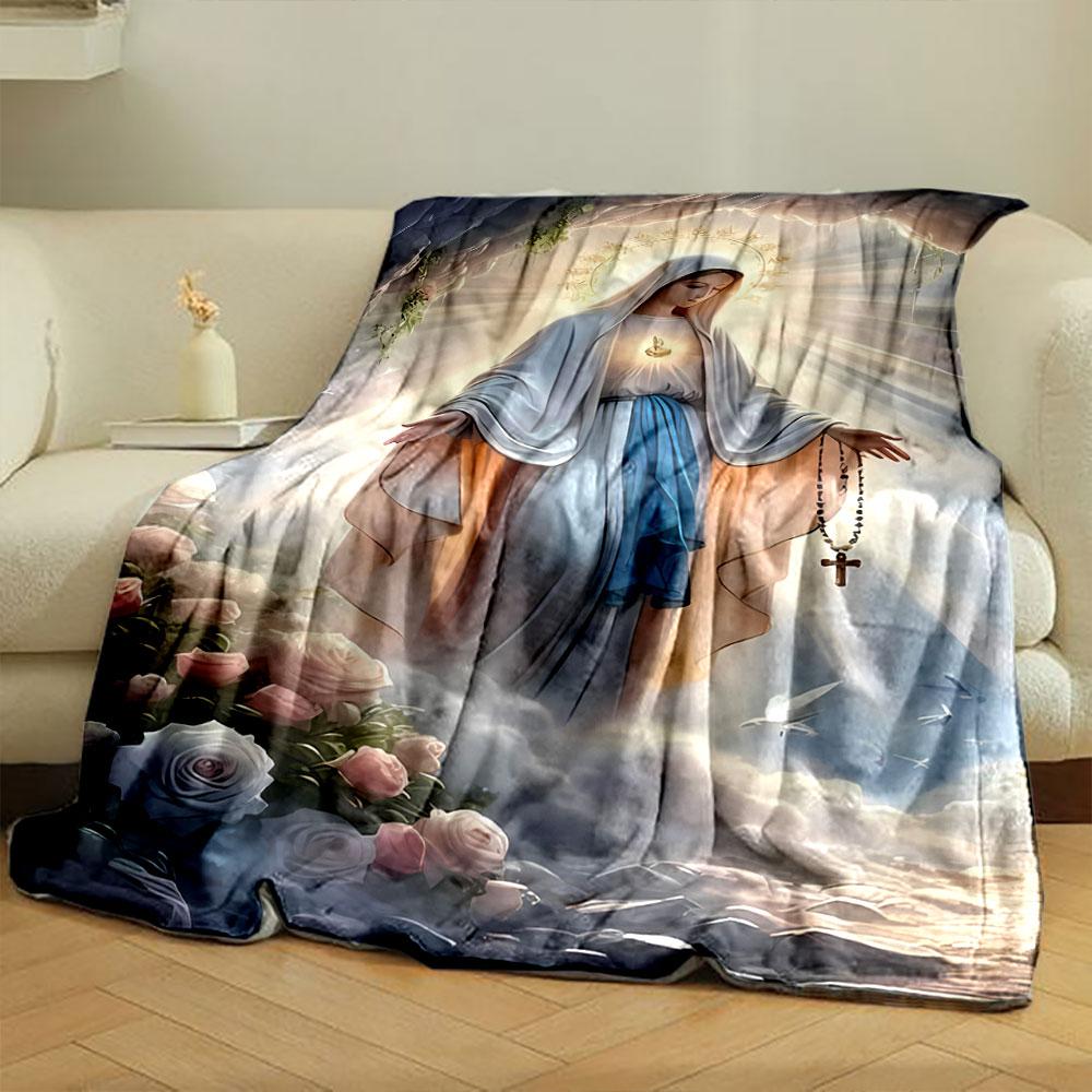 Blessed Mother Rosary Floral Throw Blanket Printed Blanket for Living Room Bed Couch lunch break Soft Cozy Blanket for Friend's festival Gift