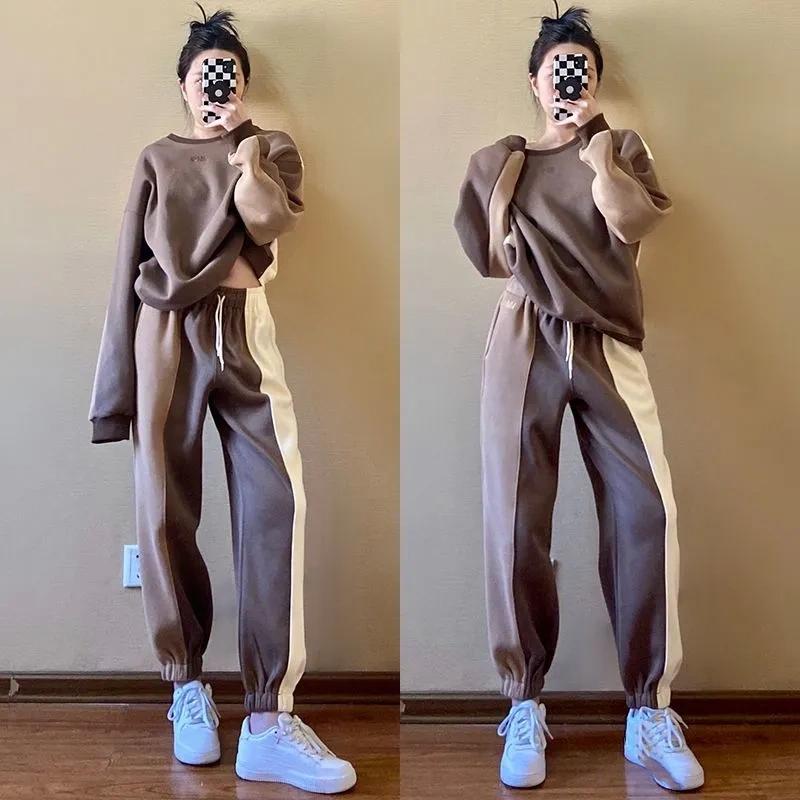 Große Größe Sport- und Freizeitanzug Damen Herbst Lockerer Anzug Fleisch gebratene Straße Langarmpullover Zweiteiliger Anzug