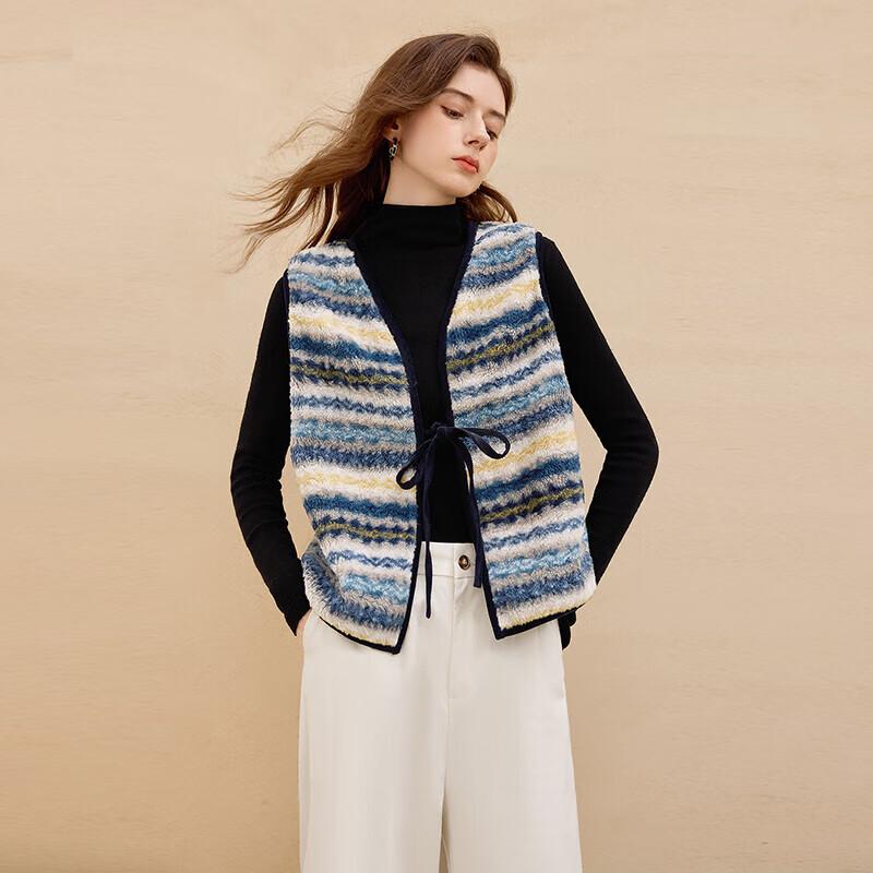 Women's Contrast Stripe Plush V-Neck Tie-Waist Vest
