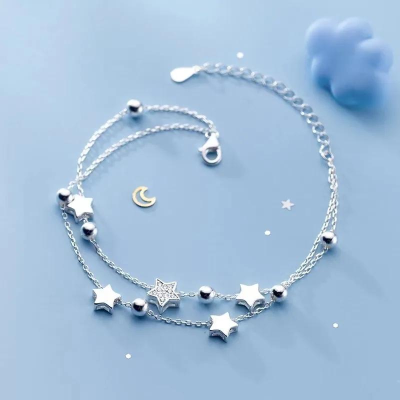 925 Silver Heart Shaped Necklace Bracelet Set for Women Vintage Korean Blue Crystal Bracelets Jewelry Set Party Jewelry