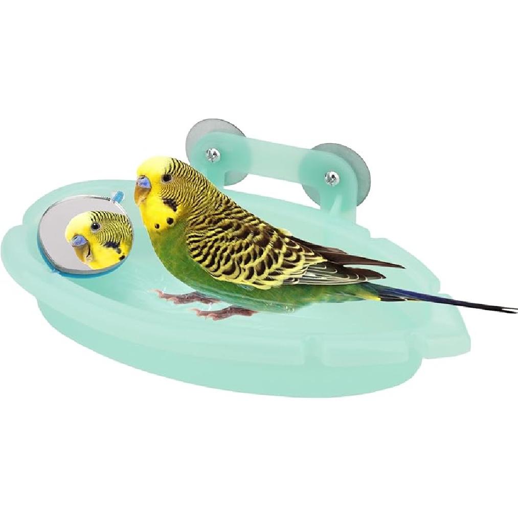 Wontee Bird Bath with Mirror Toy Fixable Parrot Bathroom Tub for Small Brids Parrot Canary Budgies Parakeets