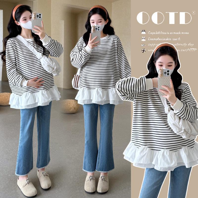 2026 Spring Maternity Casual Striped Doll Shirt - Korean Style Sweet, Age-Reducing, Loose Belly Covering Top 2XL