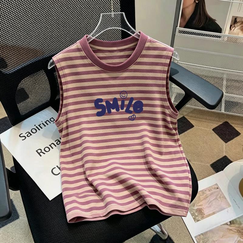 Girls' Cartoon Patchwork Stripe Sleeveless Tank Top (6-12 Years) - Summer 2026 Collection