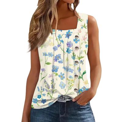 Women's Fashion Casual Basic Pleated Plain Button Square Collar Sleeveless Vest Print Summer Tank Tops