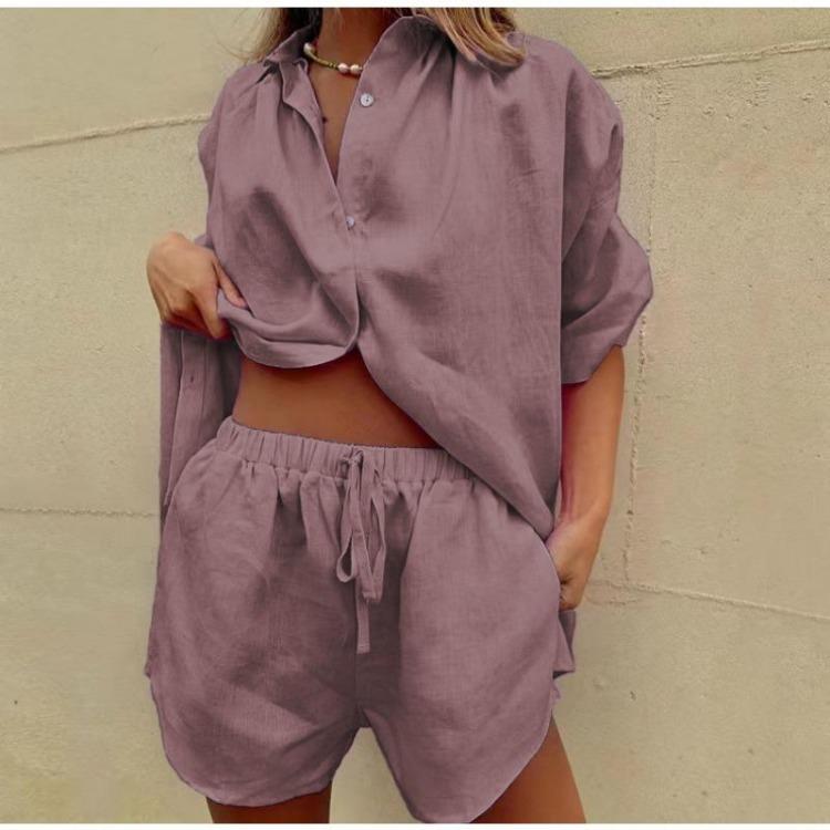 Summer Women Fashion Two Piece Set Casual Loose Button Tops with Drawstring Shorts Solid Color Home Suits Short Sleeve Outfit