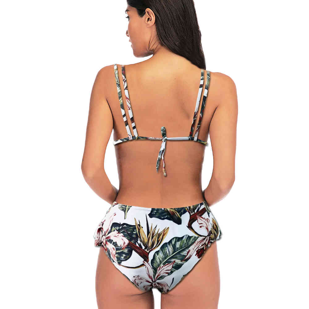 Women Print Swimsuit V Neck Two Piece Swimwear Ruched High Waist Bikini Set
