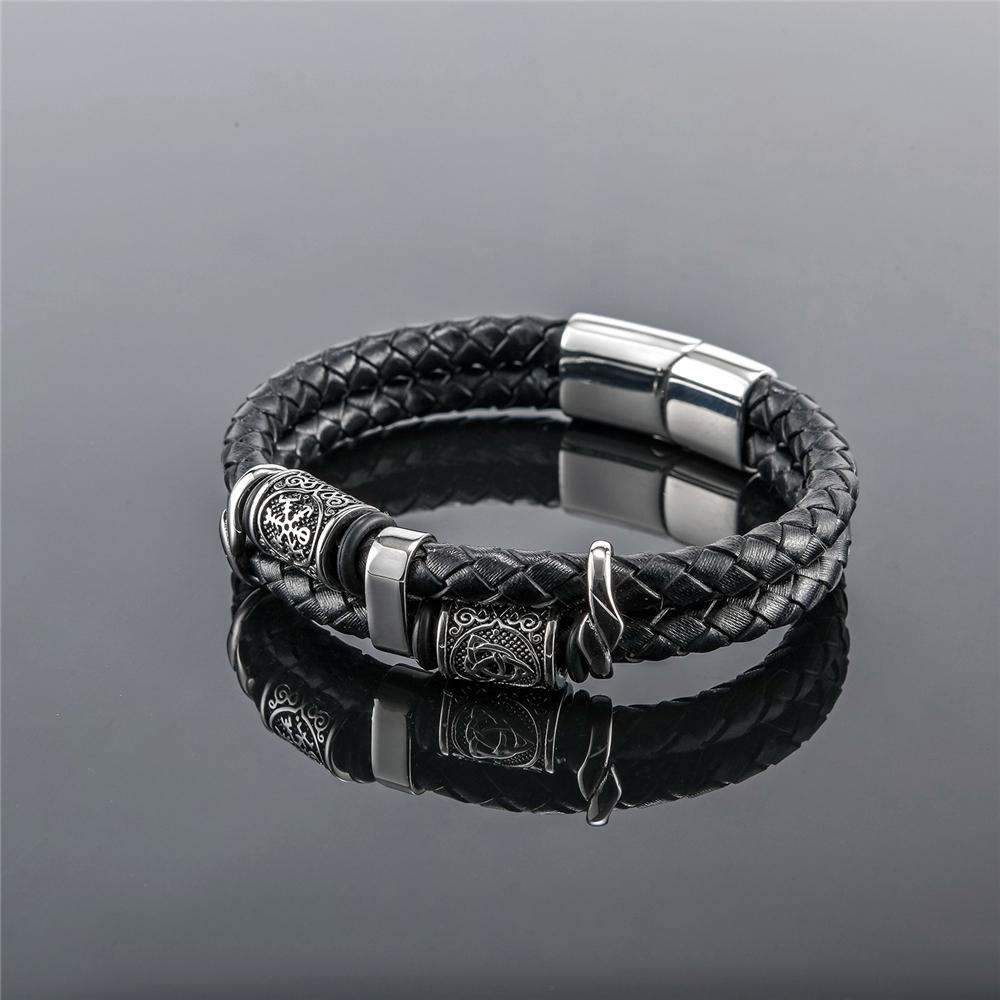 Norse Runes Double-Layer Genuine Leather Bracelet Men Stainless Steel Accessories Wristband Viking Couple Jewelry Handmade Gifts
