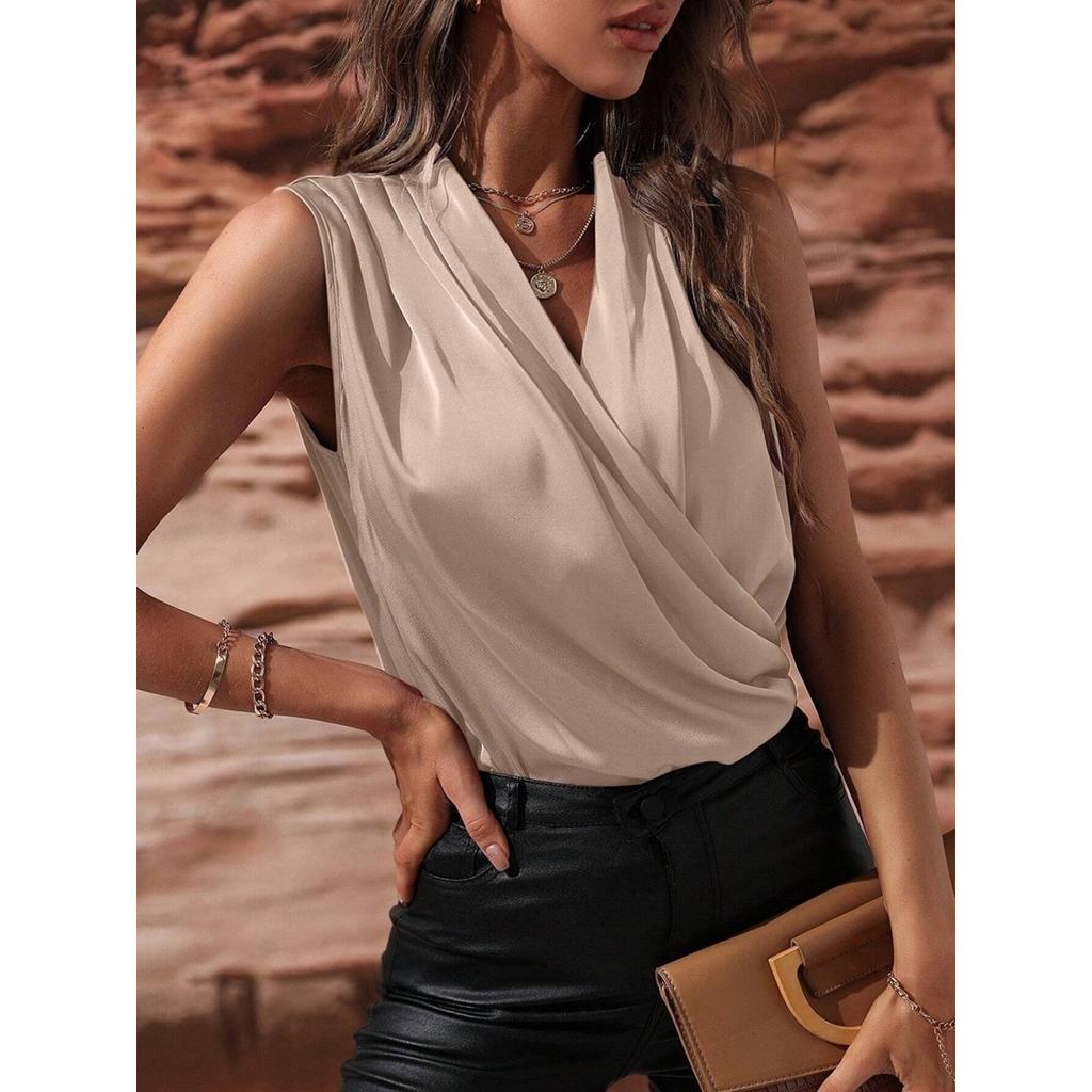 Women's Spring and Summer Sleeveless Satin Shirt Pleated Vest New Sexy Shirt