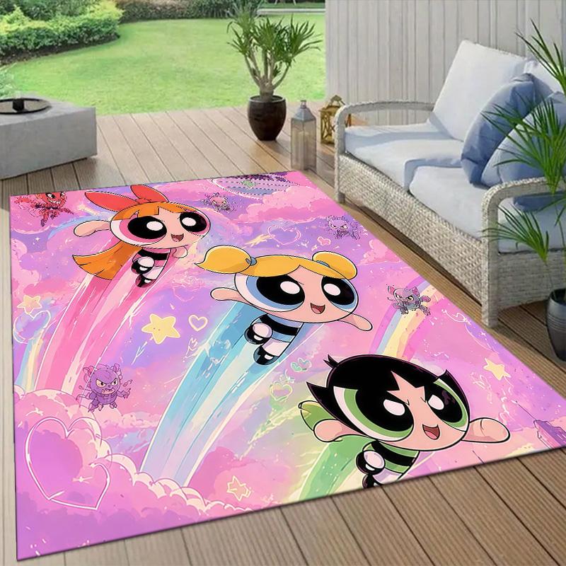 The Powerpuff Girls Flannel Pattern Square Carpet,Area Rug,Carpet Rug for Living Room Bedroom Sofa Playroom Decor,Non-slip Floor Mat