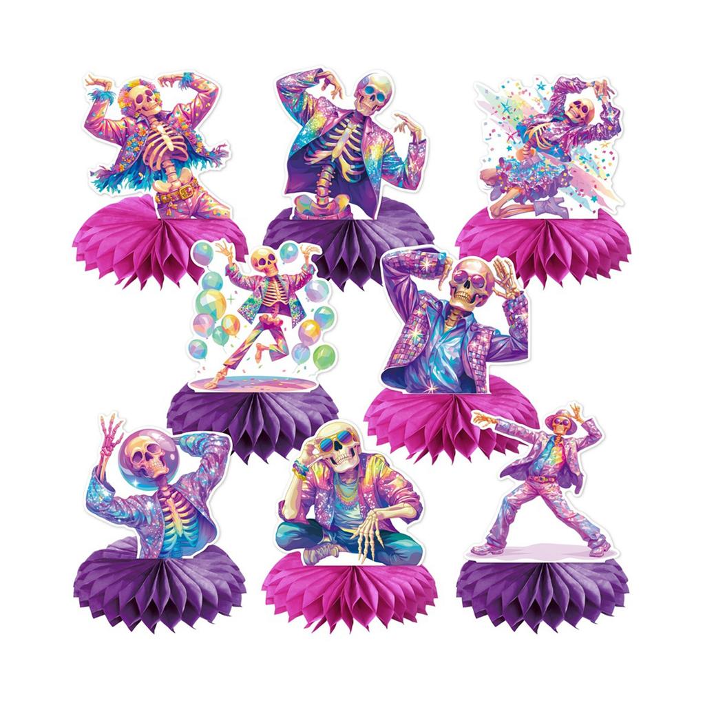 Halloween Party Decorations Set with Disco Skeleton Pattern 8-Piece Kit for Table Centerpieces and Desk Display