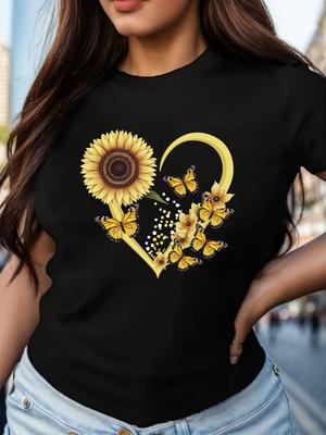 Camiseta Feminina Comfit Girassol Girassol com borboletas camiseta feminina comfit Casual Gola Redonda Manga Curta Top