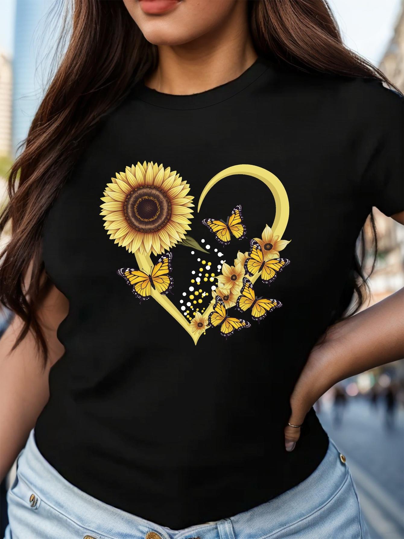 

Women s Comfit Sunflower T-Shirt Sunflower with butterflies women s comfit t-shirt Casual Crew Neck Short Sleeve Top 4XL