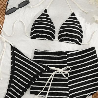 1011 New Black and White Striped Boxer Shorts European and American Sexy Bikini Three-piece Set