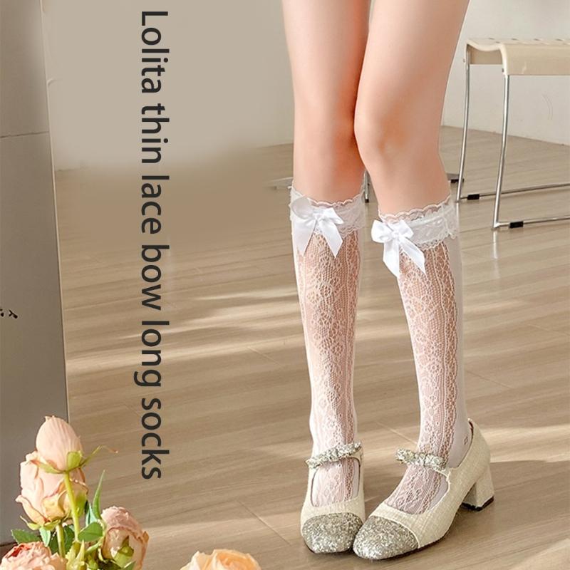 Women's Fishnet Knee Highs Stockings Hollowed Out Calf Socks Sweet Bows Knee Highs Socks