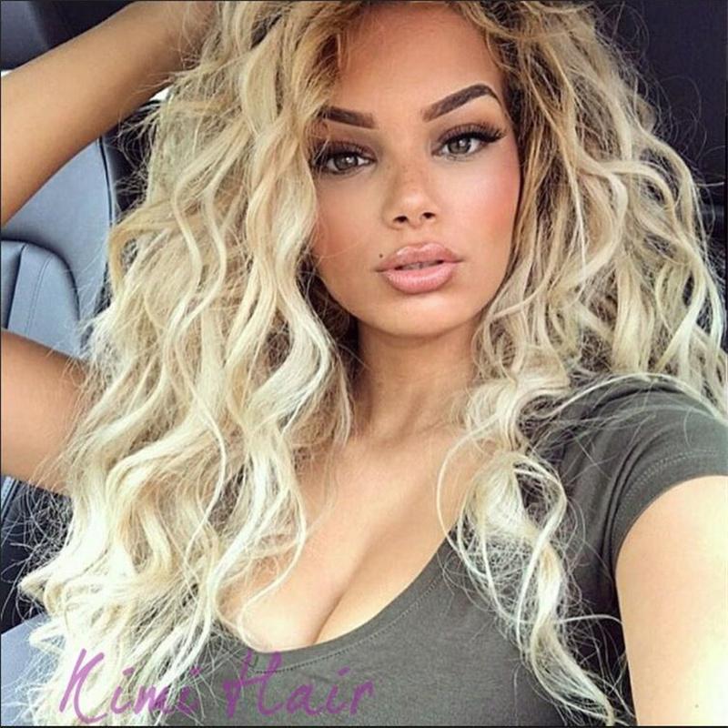 Long Curly Blonde Wigs for Women Synthetic Ombre Wig with Bangs Costume Wig for Girls Sexy Blond Wigs with Black Roots