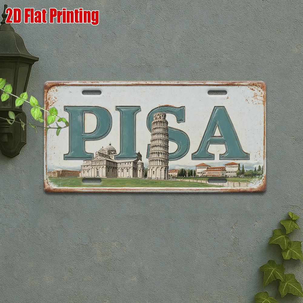

Italy Pisa Leaning Tower D Flat Printing License Plate Style Metal Tin Sign Iconic Italian City Themed Decorative Aluminum Sig 15x30cm(5.9x7.8inch)