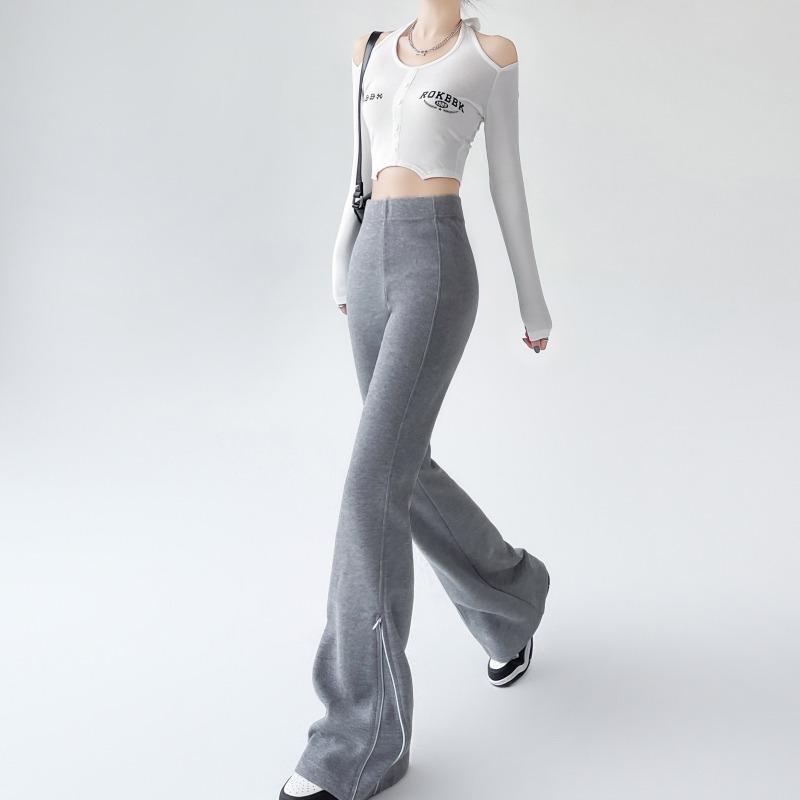 Jesienna Moda Damska Rozszerzane Długie Spodnie 2024 Nowe Elastyczne z Wysokim Stanem Casualowe Dopasowane Spodnie na Zamek Damskie Jednokolorowe Eleganckie Spodnie 2387